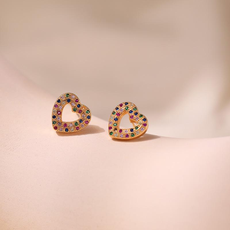 Women Sweet 18k Gold Plated Heart Shape Zircon Stud Earrings Jewelry