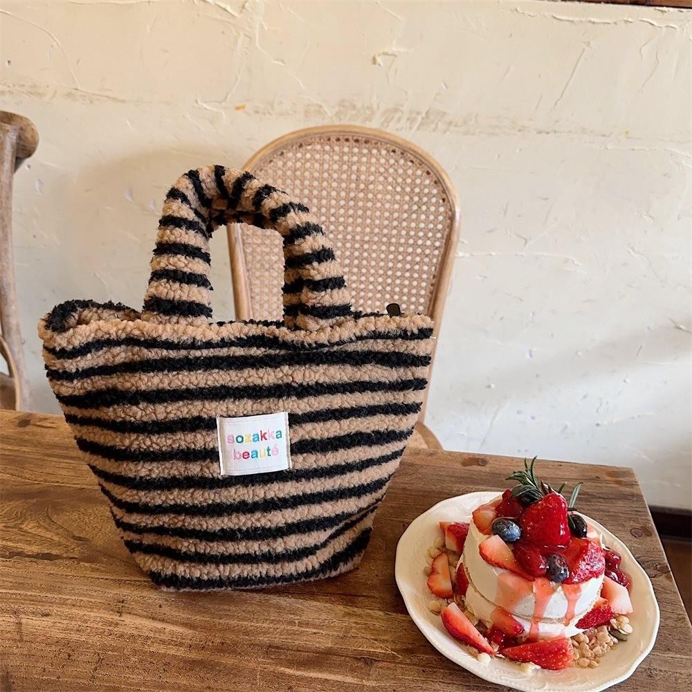 

Stylish Winter Plush Tote Bag For Women With Cute Polka Dot Design Perfect For Work Brown Stripe