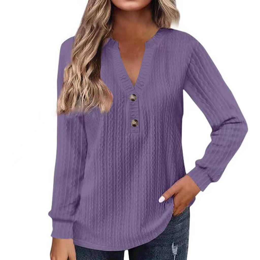 European & American Autumn/Winter Women's Long-Sleeve V-Neck Button T-Shirt 2024