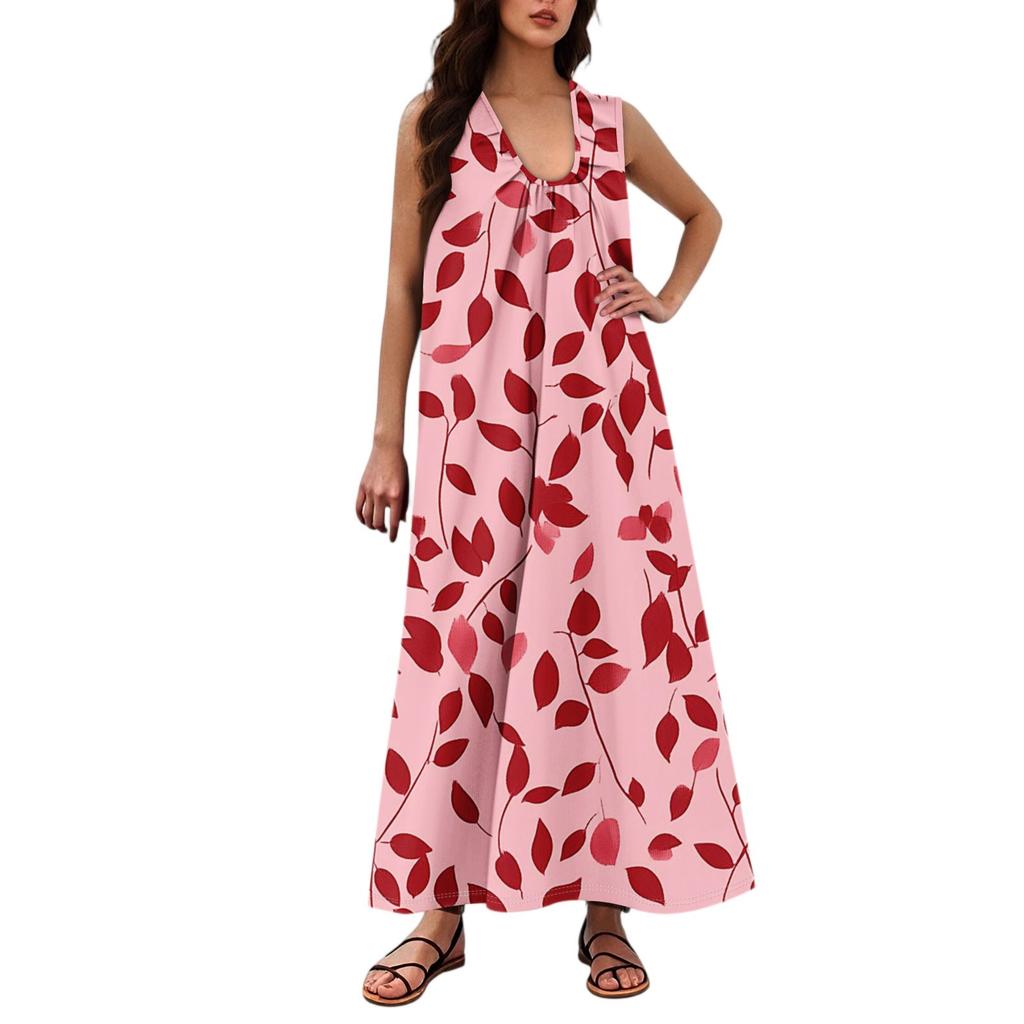 Women's Fashion Casual A-line Floral Printed Hammer Feel Loose Long Skirt With Pockets