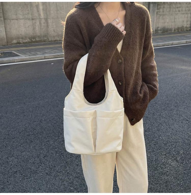 Korean Style Multi-Pocket Canvas Tote Bag with Large Capacity for Lunch or Shoulder Use