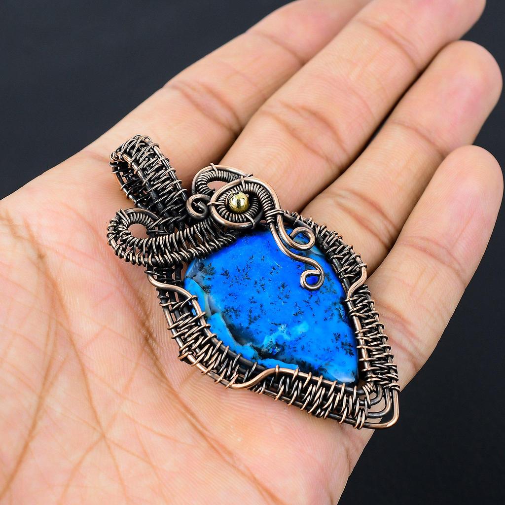 Blue Dendrite Opal Gemstone Pure Copper Wire Wrapped Handmade Pendant Jewelry For Her