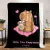 Capybara Drinking Bubble Tea Print Flannel Fleece Throw Blanket - Reversible, All-Season, Cartoon-Themed, Polyester, Contemporar