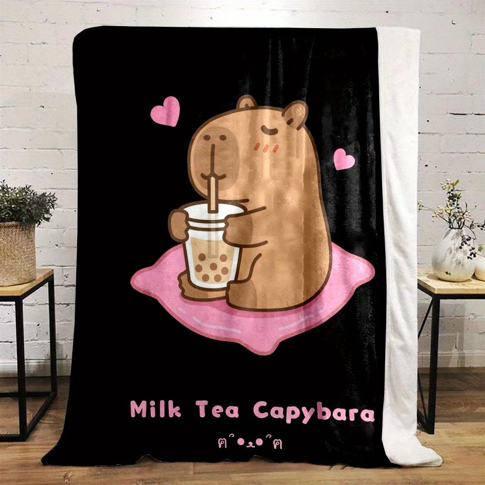 Capybara Drinking Bubble Tea Print Flannel Fleece Throw Blanket - Reversible, All-Season, Cartoon-Themed, Polyester, Contemporar 70x100cm