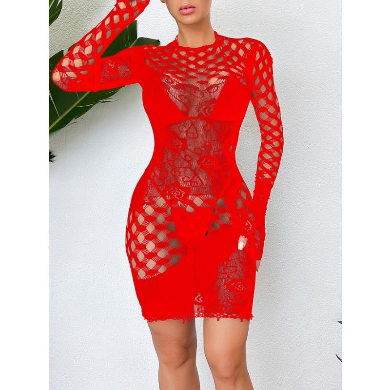 Sexy Hip Skirt, Sexy Underwear, One-piece Hollowed-out Tight-fitting Perspective Long-sleeved Mesh