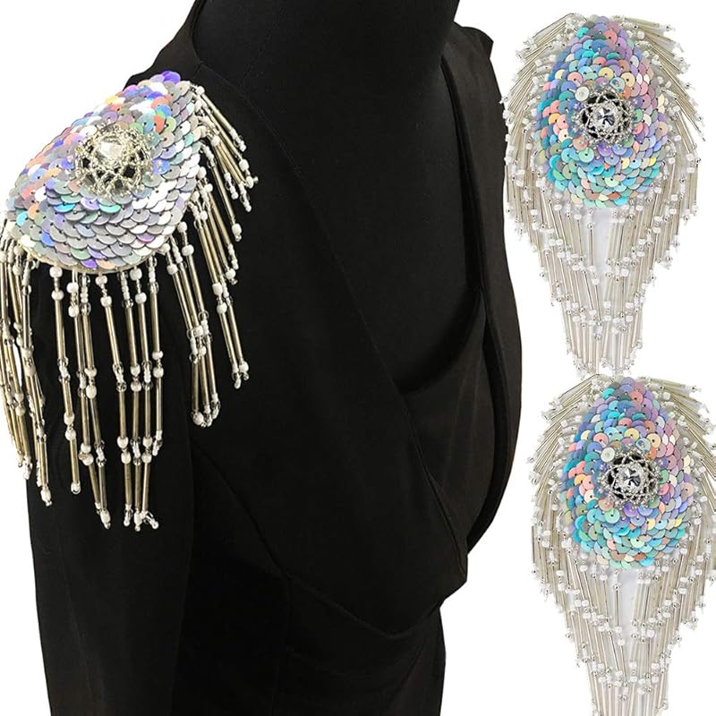 Tassel Chain Shoulder Board Badges Beads Rhinestones Patch Epaulet Epaulette Applique for Military Suit 2 Pieces