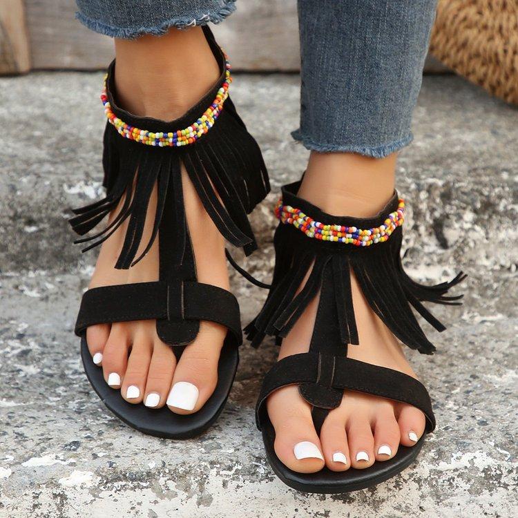 Large Size Retro Famous Style Fashion Flat Sandals Summer New Tassel One Word with Women's Shoes