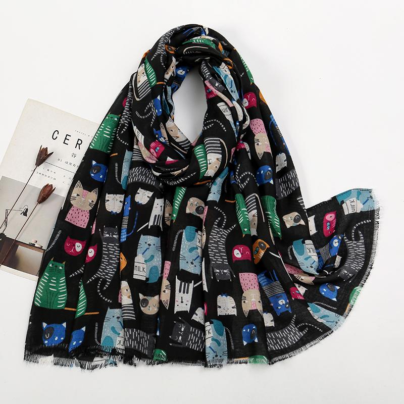 Women Printed Scarf Long Shawl Animal Luxury Designers Scarf Cute Cat Patterns Hijab Soft Viscose Hijab Women Floral Tippet