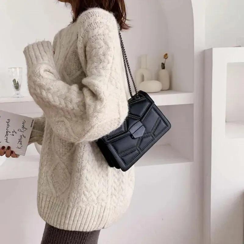 Vintage Rivet Chain Small Shoulder Bags For Women Flap PU Leather Fashion Small Square Crossbody Bag Designer Handbag