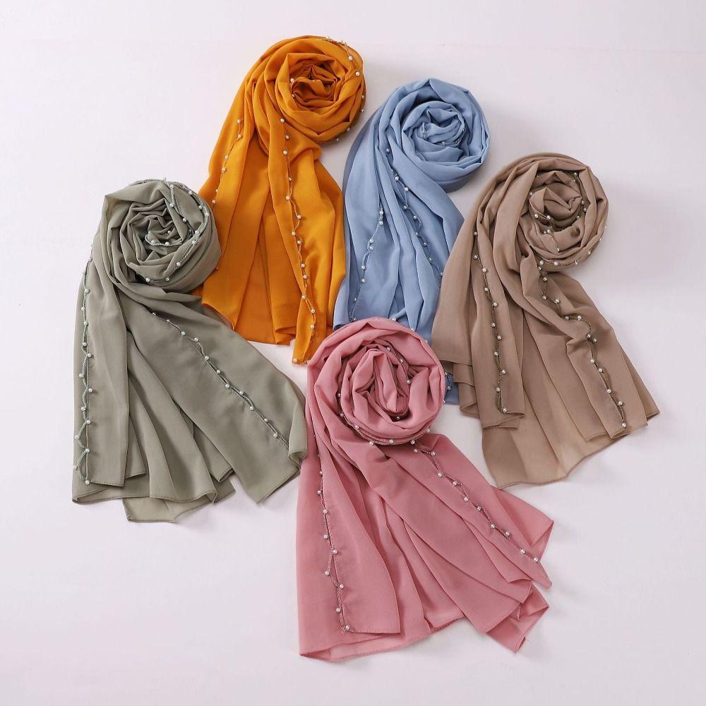 Chiffon Wraps Shawl Pearls Ethnic Style Scarf Luxury Malaysia Headscarf  Female