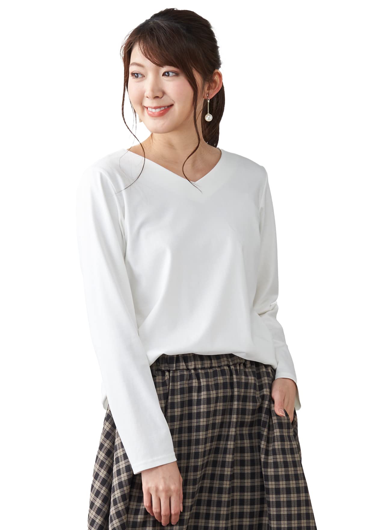 

755 Хлопок Супима Крой и пошив Сделано в Японии Топы Пуловер С длинным рукавом Хлопок [SPAN] V-образный вырез Женская футболка 100% (М, Белый) белый