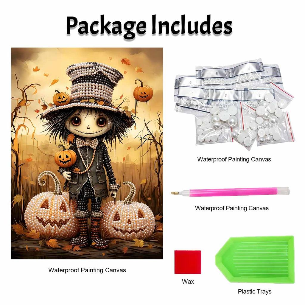 DIY Pearl Bead Art Canvas Halloween Pumpkin Cute Character Frameless 3D Painting Kit for Bedroom Living Room Wall Decor Crafts
