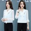 Women's Spring Autumn Korean Black White Tops Ladies Long Sleeve Office Tied Bow Collar Chiffon Blouse