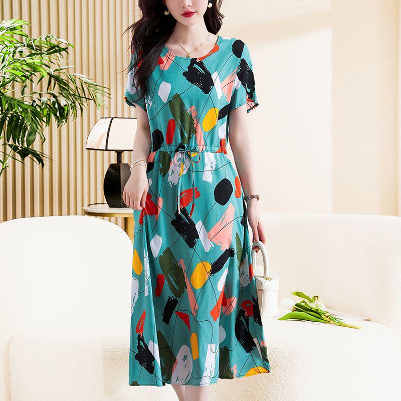 Elegant Plus Size Cotton Silk Knee-Length Dress with Waist Cinch for Middle-Aged Women