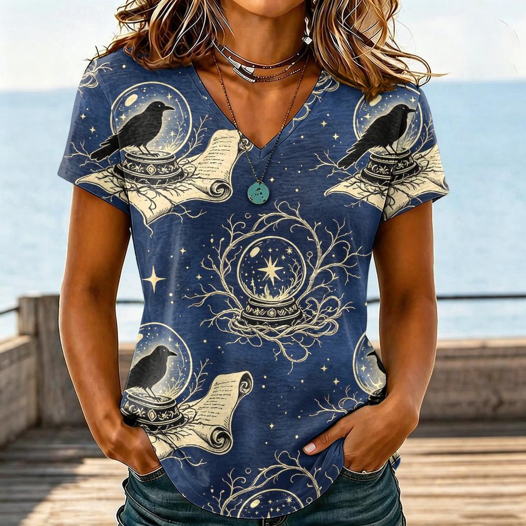 Women's Casual V-Neck Halloween Printed T-Shirt for Holiday Party and Everyday Wear