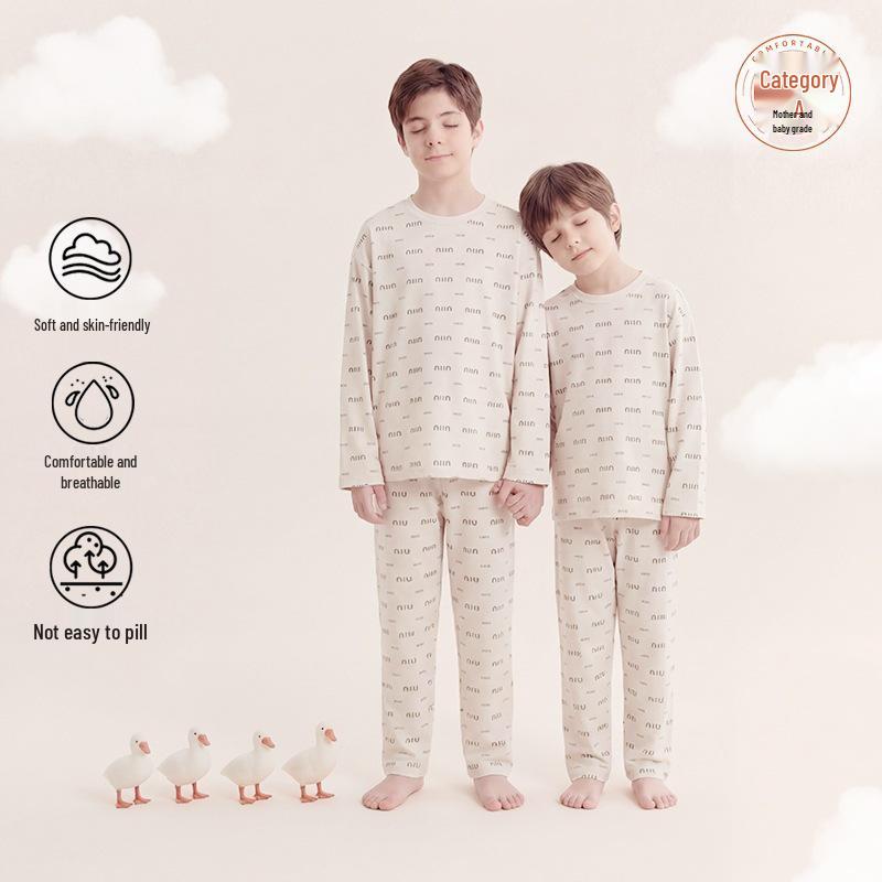 Boys' Long-Sleeve Pure Cotton Pajama Set for Spring, Summer, and Autumn - Ideal for Primary School-Aged Children.