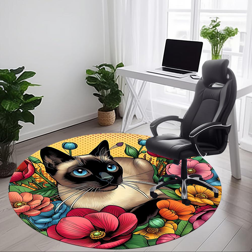 1pc Cat Floral Decor Office Round Rug, Carpet for Office, Gaming, Lightweight Round Floor Mat yy260208083