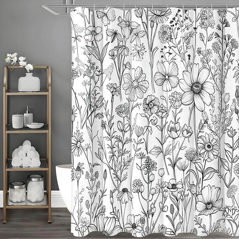 

Black and White Floral Shower Curtain, Bathroom Decorative Shower Curtain, Waterproof Shower Curtain with Hooks 90X180cm
