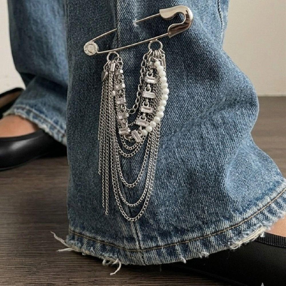 Imitation Pearl Accents Safety Pin Chain Brooch Punk Style Suit Accessory Suit Personalization