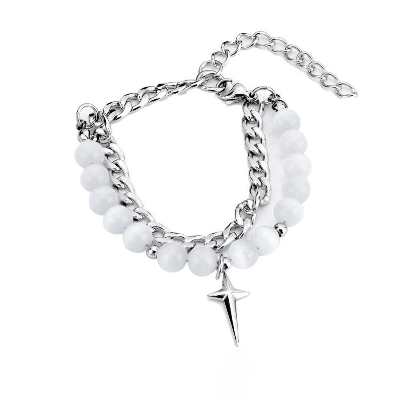 Double Layer Women s Cuban Chain Bracelet with White Cat s Eye