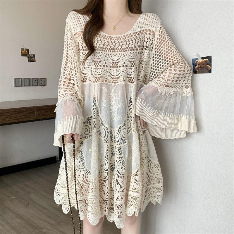 

Богемный стиль Ретро Вязаное платье с круглым вырезом Свободное Вязаное крючком Ажурное Вязаное лоскутное платье Рукав три четверти Пляжная юбка Apricot 4XL