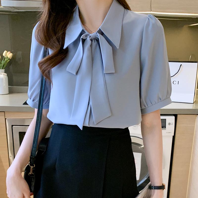 

Летняя миниатюрная белая шифоновая блузка 2025 года с короткими рукавами, в корейском стиле с лентами 2XL синий