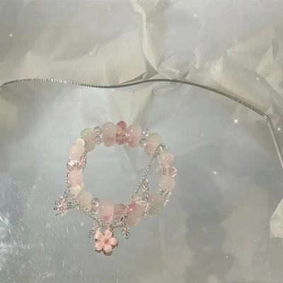 Fashion Sweet Little Peach Blossom Beaded Bracelet Pendant For Women Girls Light Luxury Elastic Bracelet Jewelry Accessories