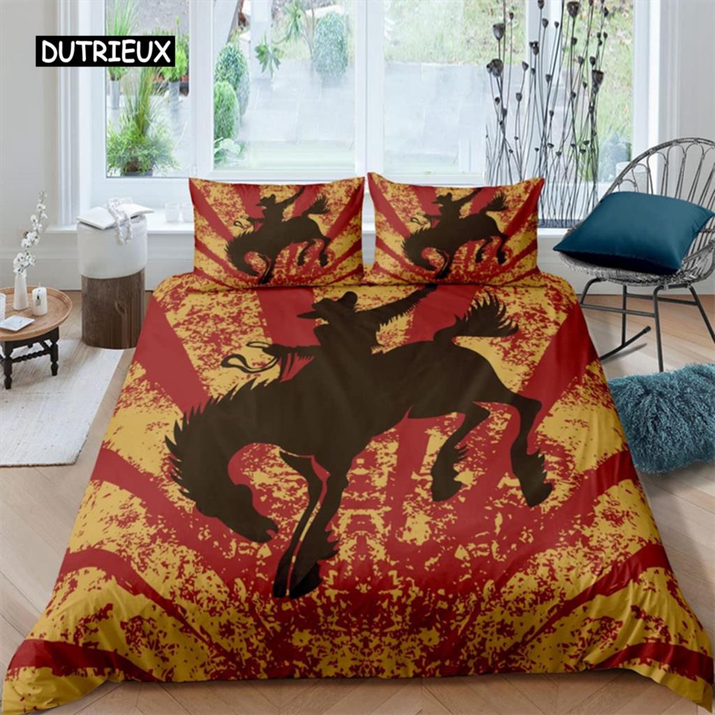 Western Cowboy Duvet Cover Rodeo Cowboy Riding Bull Horse Bedding Set Full For Boys Teen Microfiber Farmhouse Style Quilt Cover