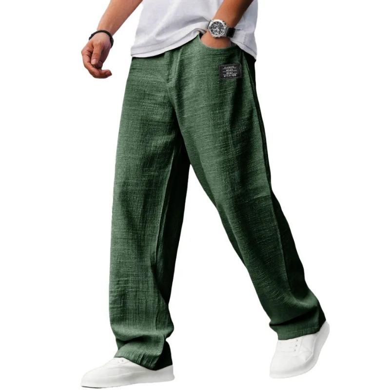 Mens Casual Linen Elastic Waist Loose Straight Long Pants