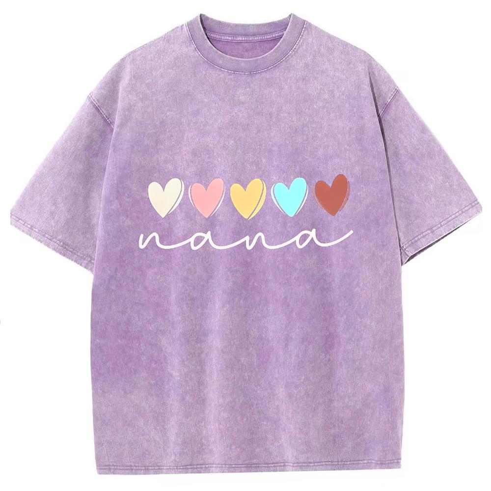 Five Colorful Heart Print Washed Women's T-Shirts Oversized Loose Dropped Sleeves Tees Simple Top Everyday Wear