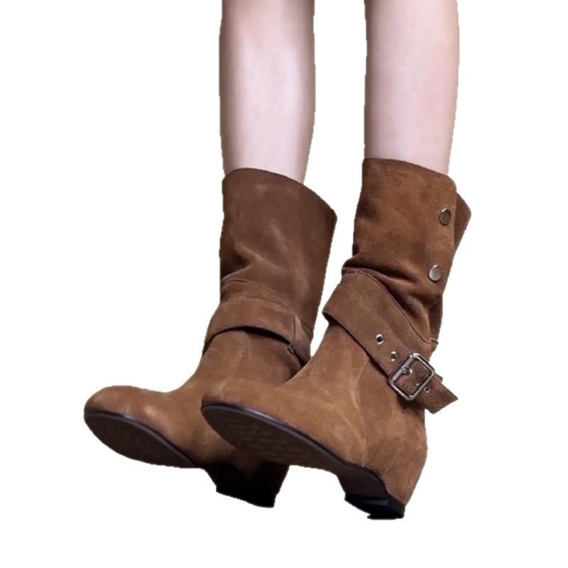 Cowhide Version~ Fold Two Wear 5cm Martin Boots Women's 2025 New Frosted Leather Short Boots Mid-tube Western Cowboy Boots