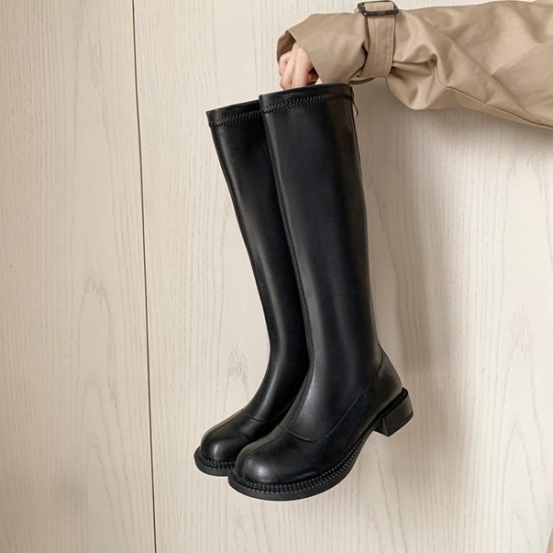 

Осенне-зимние женские высокие ботинки на платформе, новые женские ботинки на низком каблуке большого размера, с круглым носком, квадратным каблуком и молнией сзади в корейском стиле, модные 39 чёрный