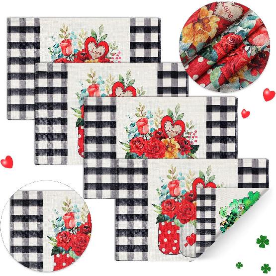 Valentine's Day Buffalo Plaid Placemats Set of 4 Double Sided St Patricks Day Valentines Placemats Decoration Set Farmhouse Table Holiday