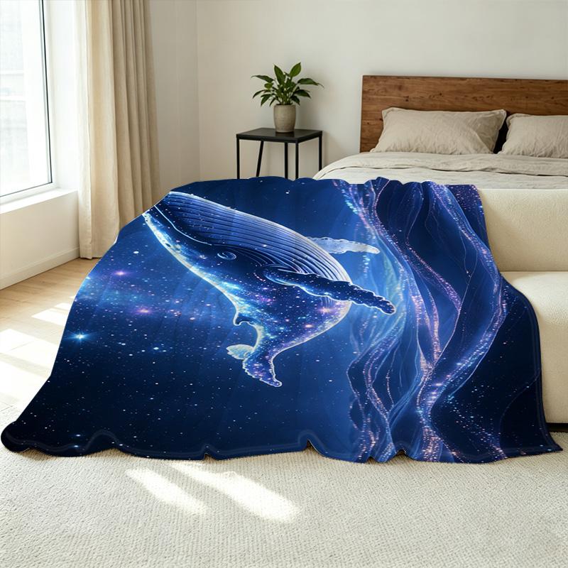 Hemmed Flannel Blanket Whale Theme, Dreamy Starry Design Soft Warm Throw for Sofa, Home, Halloween & Christmas Gift