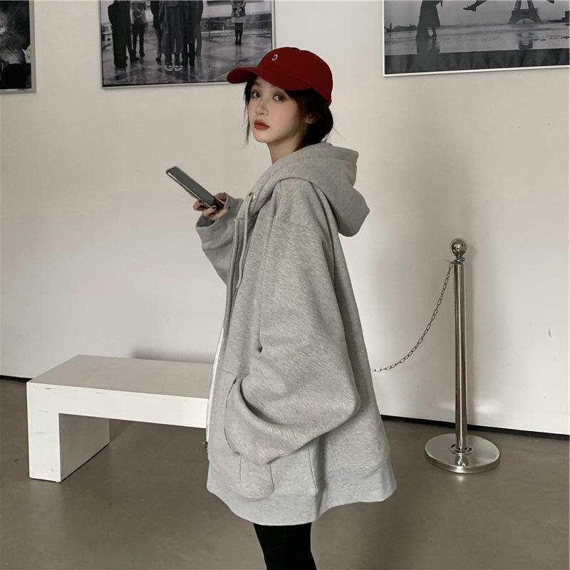 New Spring Loose Gray Hooded Sweater Women's Zipper Jacket Women's Top