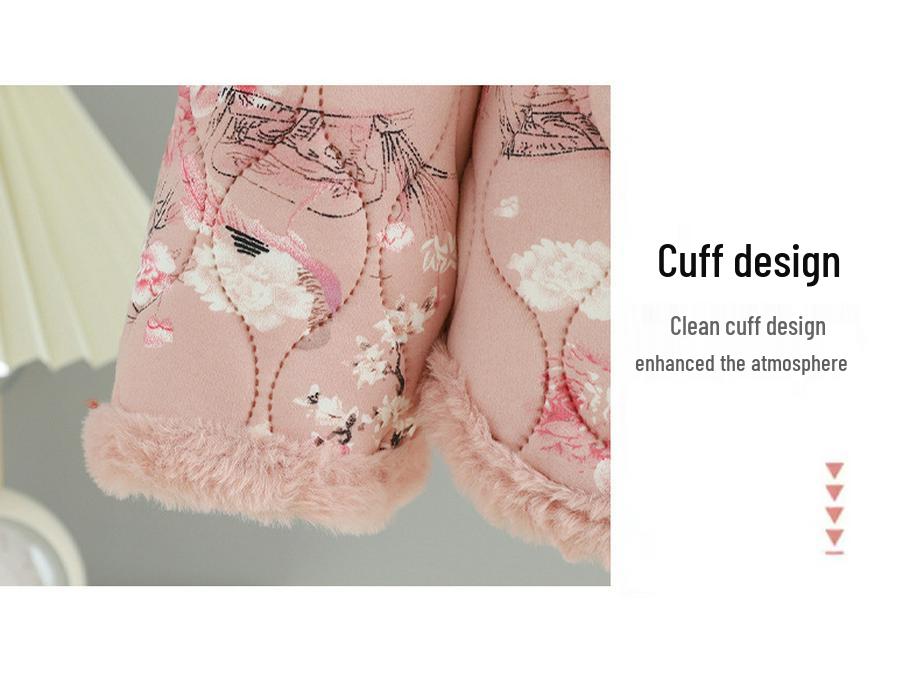 Women's Stand Collar Floral Padded Jacket - Chinese Style Winter Coat with Retro Frog Buttons and Ethnic Design, Plus Velvet for Warmth.