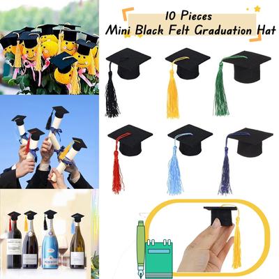 10 Stück Mini-Abschlusshut, schwarzer Abschlusshut, Abschlusskappen mit bunten Quasten für Abschlussfeiern, Trinkflaschenaufsatz, Tischdekoration