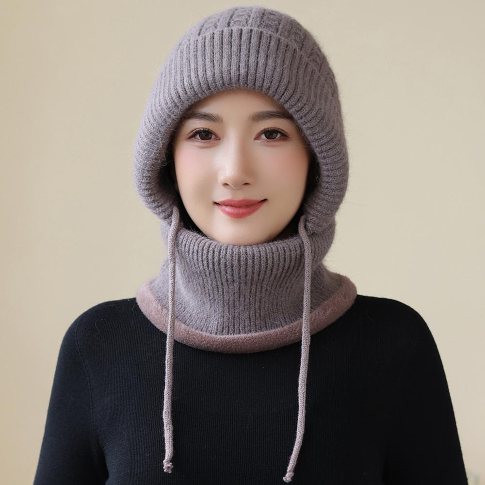 New Style Winter Women Keep Warm Knitted Hat Neck Protection Beanie Cap Fur Lined Warm Hats For Women Windproof Balaclava Cap