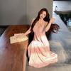 Pink Collar Three-dimensional Flower Suspender Dress Women's Summer French Temperament High-end Vacation Waist Dress