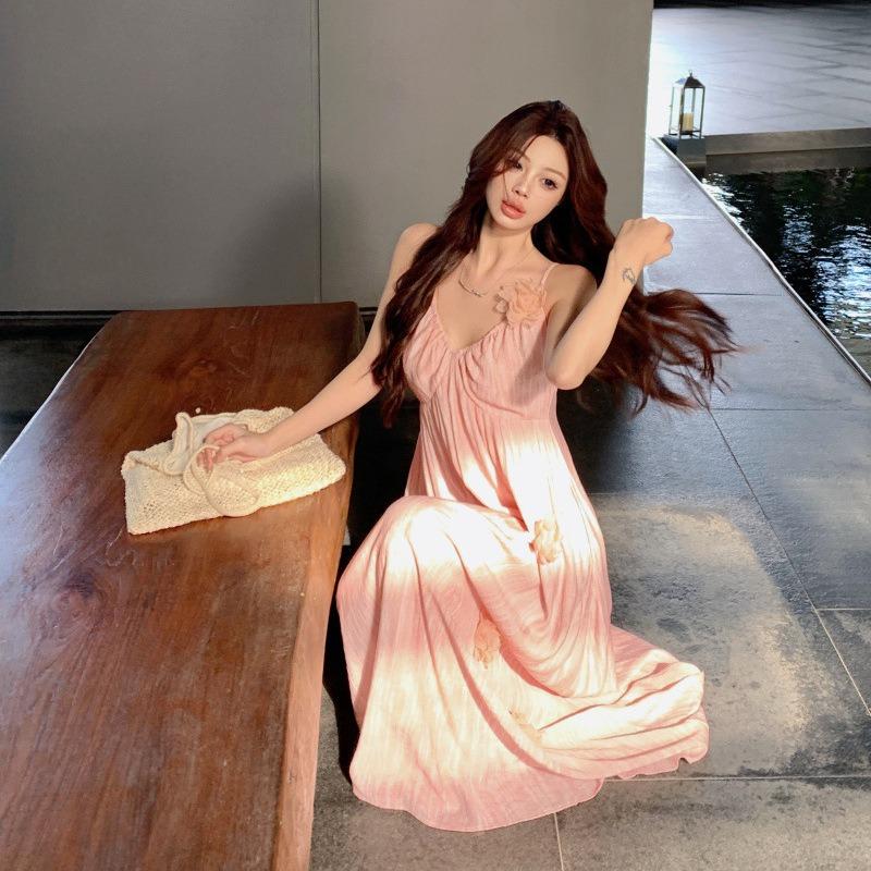 Pink Collar Three-dimensional Flower Suspender Dress Women's Summer French Temperament High-end Vacation Waist Dress