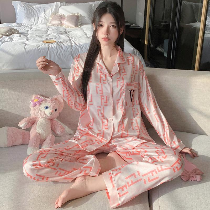 Silky Ice Silk Pajamas Women'S Spring And Autumn Cartoon Jiyika Wow Small Eight Long-Sleeved Casual Loungewear Two-Piece Set