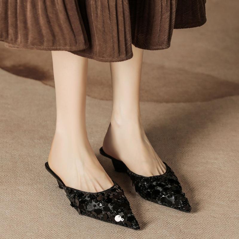 Beaded High-heeled Sandals Elegant Style Summer Pointed Toe Special-shaped Slippers for Women