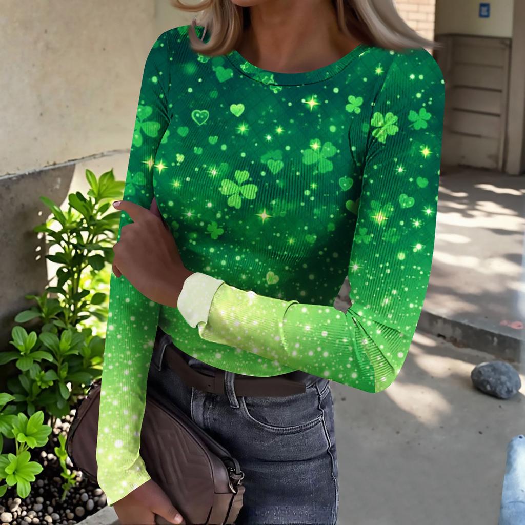 Women's And Winter Slim T-shirt Fashion Casual Printing Round Neck Pullover Long Sleeve Top