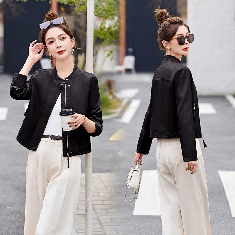 2025 Spring Women's Stand Collar PU Leather Short Jacket - Petite Casual Style Z88096