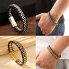 Geometric Double Chain Leather Bracelet for Men, Hand Woven Stainless Steel Magnetic Buckle Bracelet
