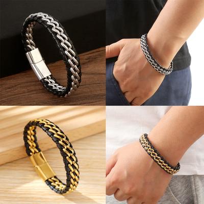 Best-selling Geometric Double Chain Bracelet In Europe and America, Men's Hand-woven Magnet Button Head Bracelet