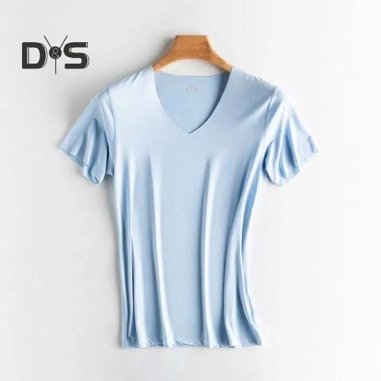 Men Summer T-shirt V Neck Thin Ice Silk Solid Color Thin Stretchy Pullover Mid Length Sweat Absorption Quick-drying Sport Fitness Top