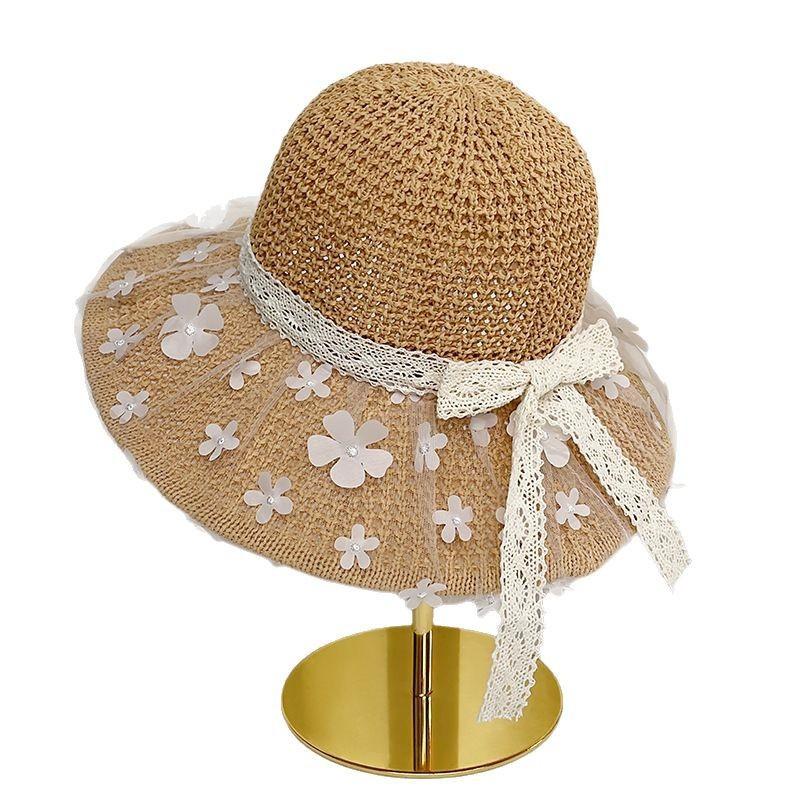 Lace Floral Sun Hat with Bow Hollow Design Breathable Grass Hat Women's Spring Sun Protection and Sunshade Hat