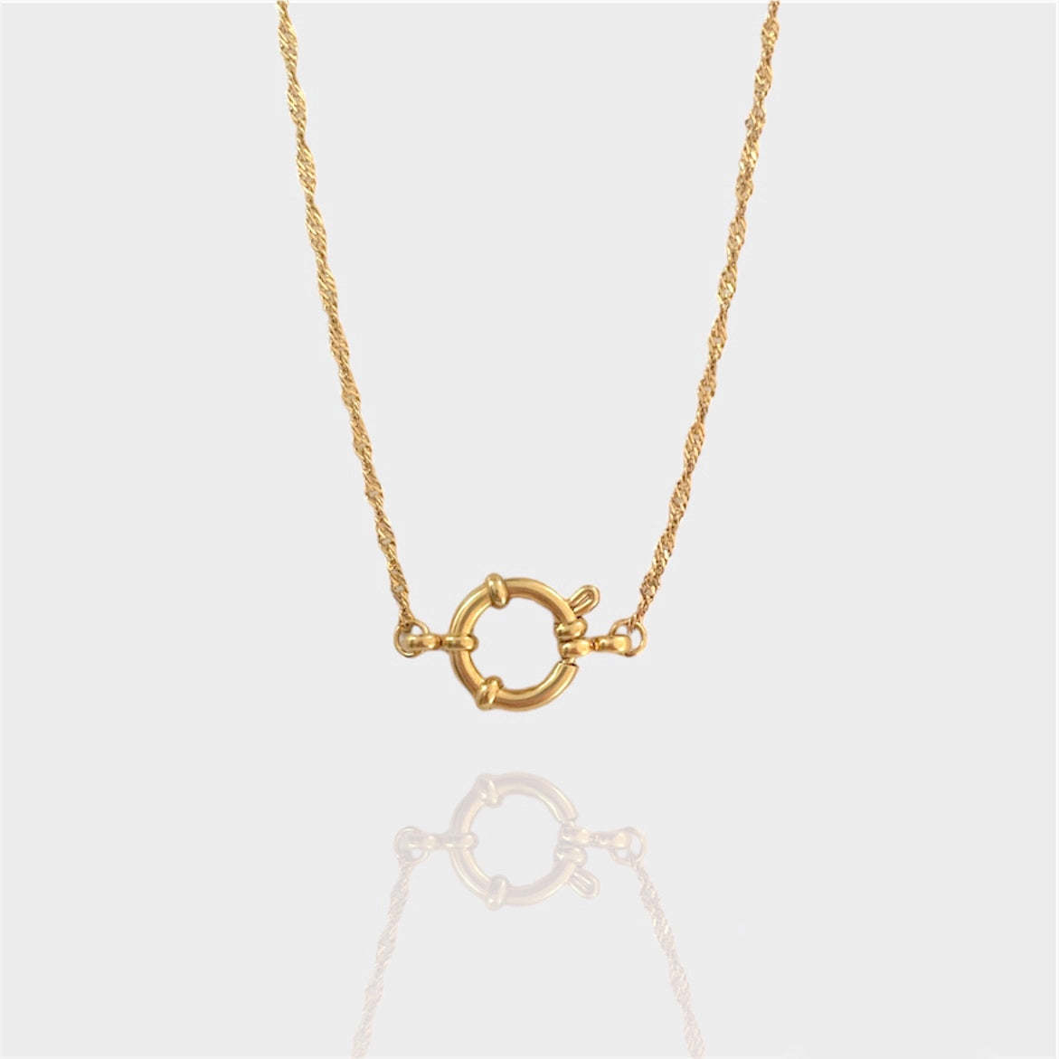 

Titanium Steel Furnace Vacuum Plating 18K Real Gold Spring Buckle Opening Ring Pearl Paperclip Removable Base Chain