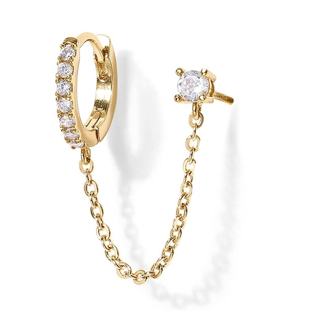 1 pz Orecchino a Catena in Oro 14K per Donna | Orecchini a Cerchio Huggie con Catena Pendente per Doppio Piercing | Orecchini a Clip Ear Cuff con Zirconia Cubica